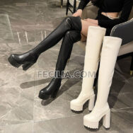 Giày boots Da cho Nữ cao 14cm, cao ngang đùi, gót vuông siêu cao BOOTSNU105