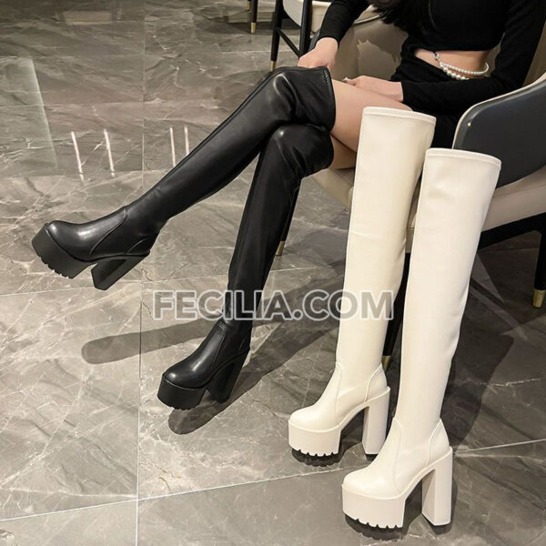 Giày boots Da cho Nữ cao 14cm, cao ngang đùi, gót vuông siêu cao BOOTSNU105