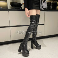 Giày boots Da cho Nữ cao 14cm, cao ngang đùi, gót vuông siêu cao BOOTSNU105