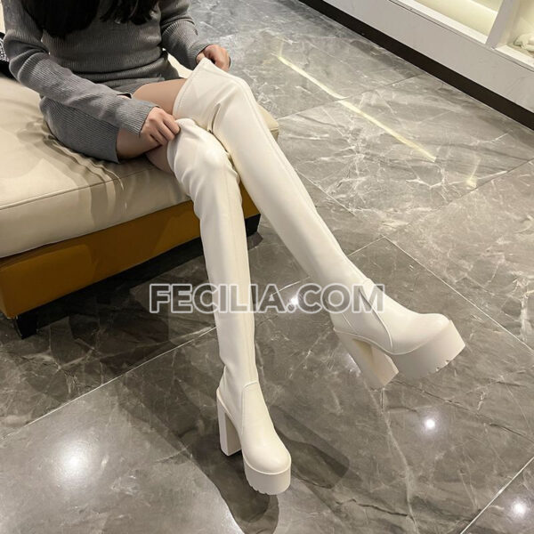 Giày boots Da cho Nữ cao 14cm, cao ngang đùi, gót vuông siêu cao BOOTSNU105