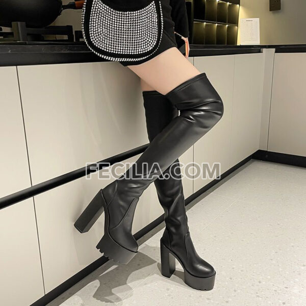 Giày boots Da cho Nữ cao 14cm, cao ngang đùi, gót vuông siêu cao BOOTSNU105