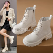 Giày Boots Martin cổ ngắn buộc dây đế dày 6cm màu Trắng - Đen BOOTSNU069