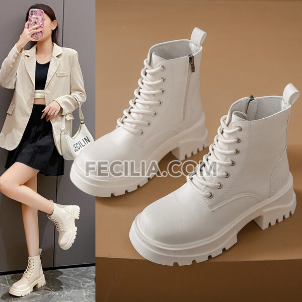 Giày Boots Martin cổ ngắn buộc dây đế dày 6cm màu Trắng - Đen BOOTSNU069