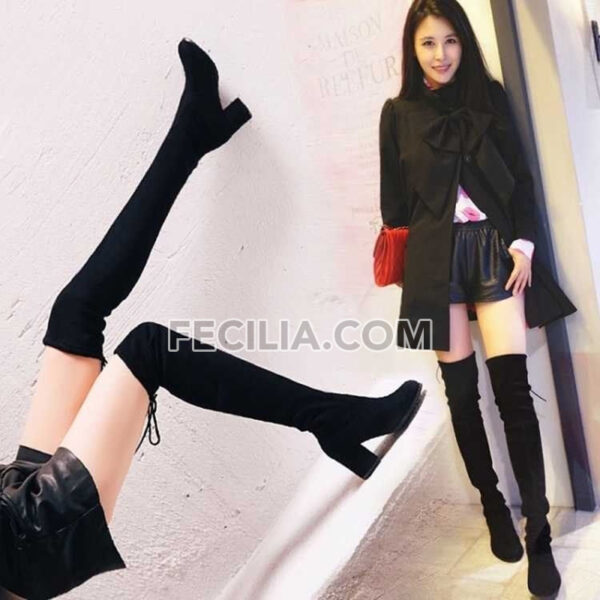 Giày Boots Nữ cao qua gối buộc dây da lộn gót vuông BOOTSNU108