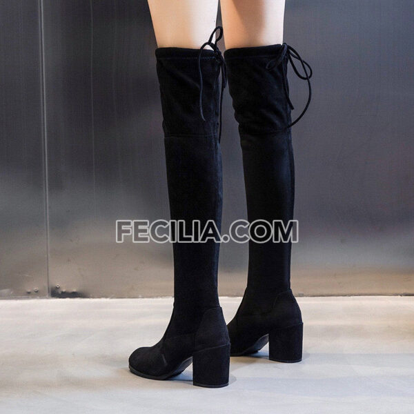 Giày Boots Nữ cao qua gối buộc dây da lộn gót vuông BOOTSNU108