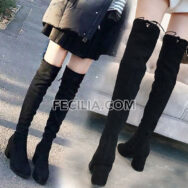 Giày Boots Nữ cao qua gối buộc dây da lộn gót vuông BOOTSNU108