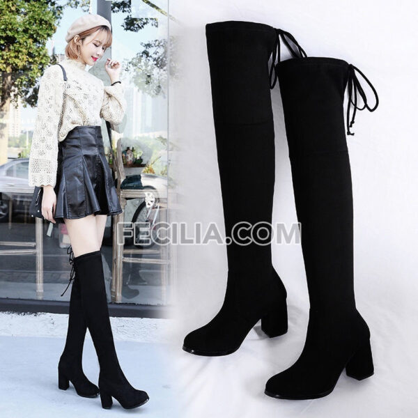 Giày Boots Nữ cao qua gối buộc dây da lộn gót vuông BOOTSNU108