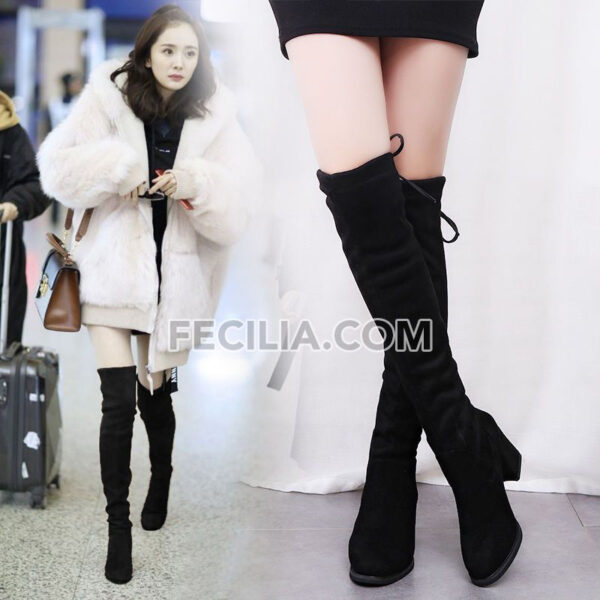 Giày Boots Nữ cao qua gối buộc dây da lộn gót vuông BOOTSNU108