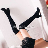 Giày Boots Nữ cao qua gối buộc dây da lộn gót vuông BOOTSNU108