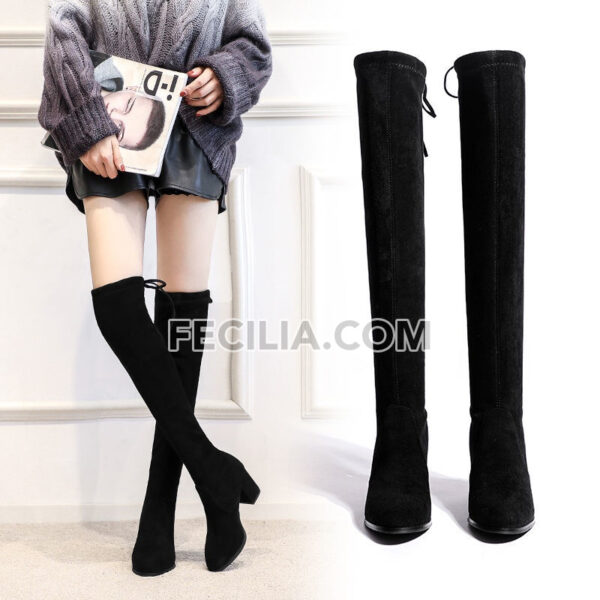 Giày Boots Nữ cao qua gối buộc dây da lộn gót vuông BOOTSNU108