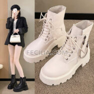 Giày boots Nữ chiến binh có buộc dây đế bằng, khóa kéo phong cách Hàn Quốc BOOTSNU086