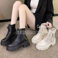 Giày boots Nữ chiến binh có buộc dây đế bằng, khóa kéo phong cách Hàn Quốc BOOTSNU086