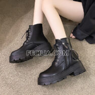 Giày boots Nữ chiến binh có buộc dây đế bằng, khóa kéo phong cách Hàn Quốc BOOTSNU086