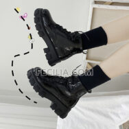 Giày Boots Nữ cổ cao đen nhám - đen bóng buộc dây đế bằng BOOTSNU080