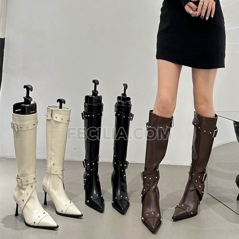 Giày Boots Nữ cổ Cao Đen - Trắng - Nâu cao tới gối gót nhọn 7p P21207_05