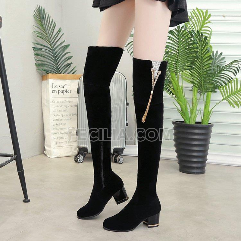 Giày Boots Nữ Cổ cao qua gối da lộn đế thấp vuông P21281_04