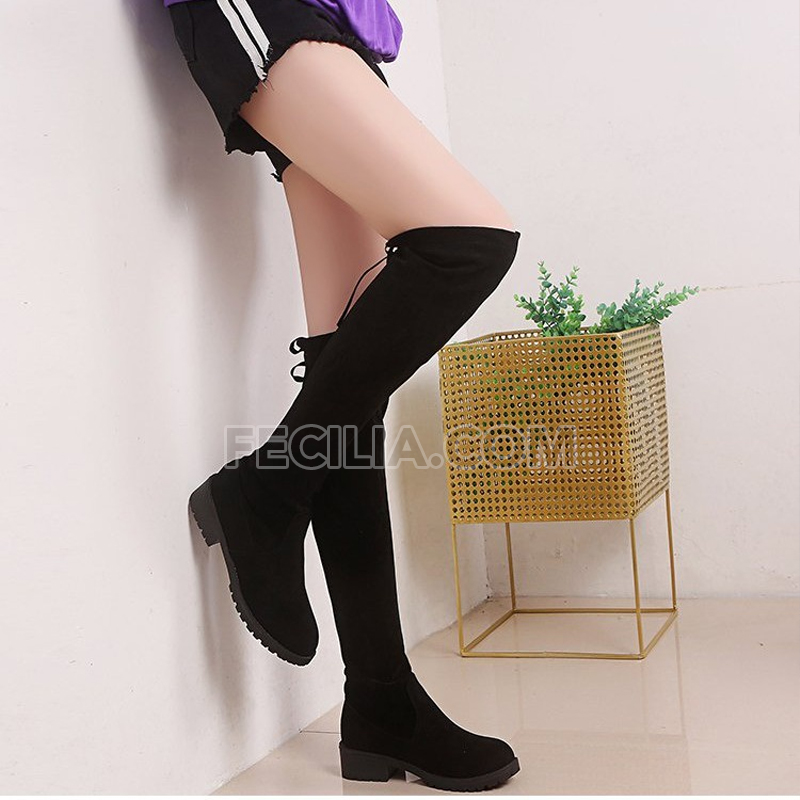Giày Boots Nữ cổ cao qua gối đế bằng có dây rút Thời trang Thu Đông P21281_02