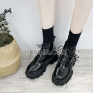 Giày Boots Nữ cổ ngắn buộc dây Ulzzang 5 phân da bóng - da lì BOOTSNU070