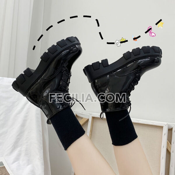 Giày Boots Nữ cổ ngắn buộc dây Ulzzang 5 phân da bóng - da lì BOOTSNU070