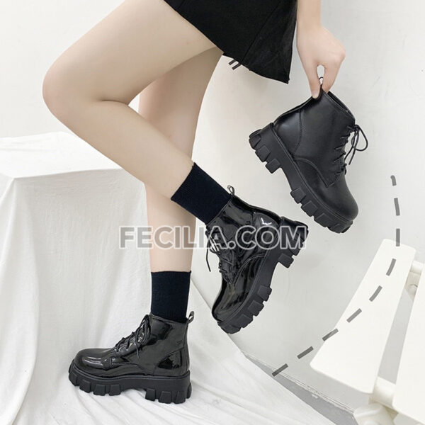 Giày Boots Nữ cổ ngắn buộc dây Ulzzang 5 phân da bóng - da lì BOOTSNU070