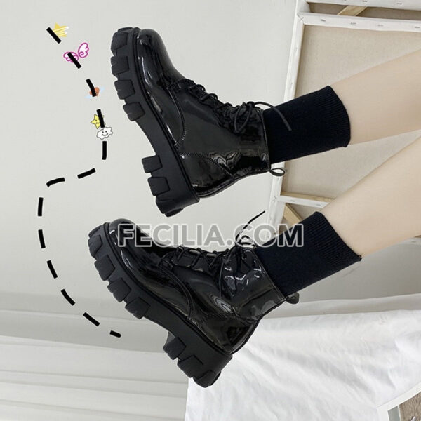 Giày Boots Nữ cổ ngắn buộc dây Ulzzang 5 phân da bóng - da lì BOOTSNU070