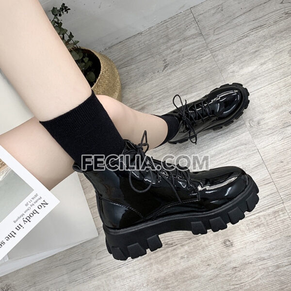 Giày Boots Nữ cổ ngắn buộc dây Ulzzang 5 phân da bóng - da lì BOOTSNU070