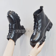 Giày Boots Nữ cổ ngắn buộc dây Ulzzang 5 phân da bóng - da lì BOOTSNU070
