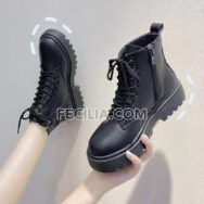 Giày Boots Nữ cổ thấp khóa kéo màu đen đế bằng BOOTSNU078