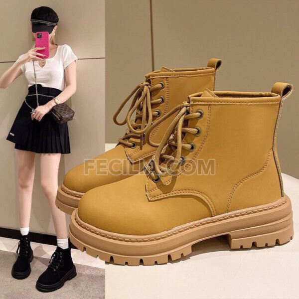 Giày boots Nữ da lộn phong cách Hàn Quốc đế bằng dây buộc BOOTSNU081