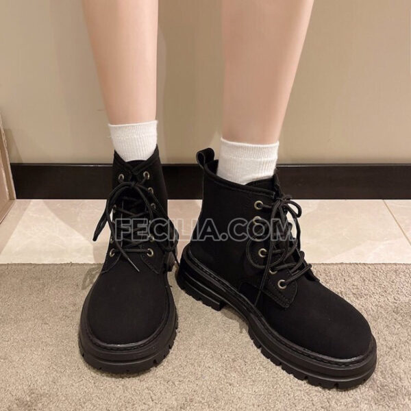 Giày boots Nữ da lộn phong cách Hàn Quốc đế bằng dây buộc BOOTSNU081