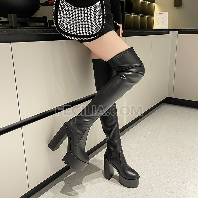 Giày Boots Nữ gót vuông 14cm mũi tròn, Bốt cao cổ qua gối P21281_05