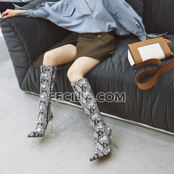 Giày Bốt Mũi nhọn cổ cao đến đầu gối Gót nhọn Họa tiết da Rắn BOOTSNU138