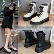 Giày Bốt Nữ Chiến Bính màu trắng đen đế bằng siêu ngầu đế cao 5cm BOOTSNU092