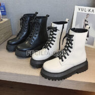 Giày Bốt Nữ Chiến Bính màu trắng đen đế bằng siêu ngầu đế cao 5cm BOOTSNU092