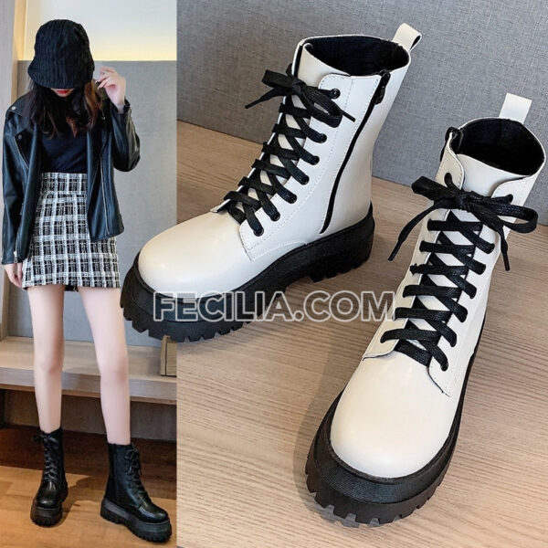 Giày Bốt Nữ Chiến Bính màu trắng đen đế bằng siêu ngầu đế cao 5cm BOOTSNU092