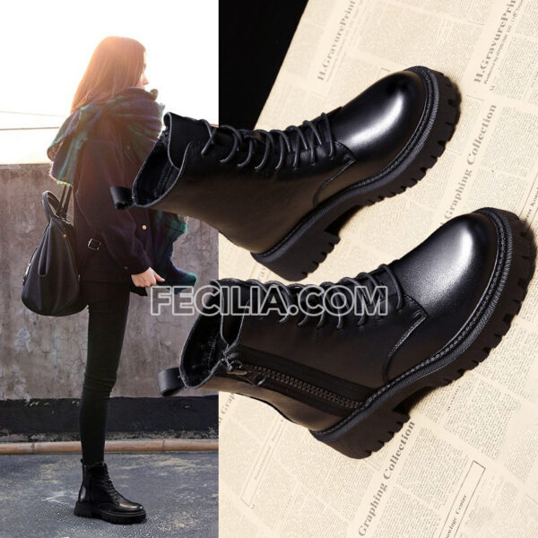 Giày Bốt Nữ Cổ Cao Dây Buộc màu Đen BOOTSNU076