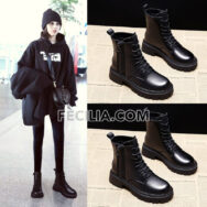 Giày Bốt Nữ Cổ Cao Dây Buộc màu Đen BOOTSNU076