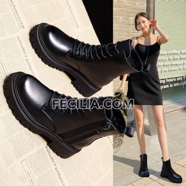 Giày Bốt Nữ Cổ Cao Dây Buộc màu Đen BOOTSNU076