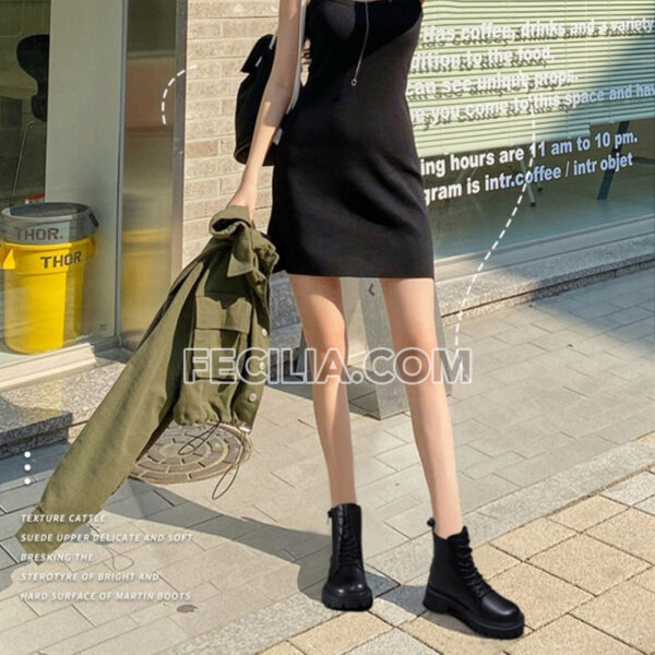Giày Bốt Nữ Cổ Cao Dây Buộc màu Đen BOOTSNU076