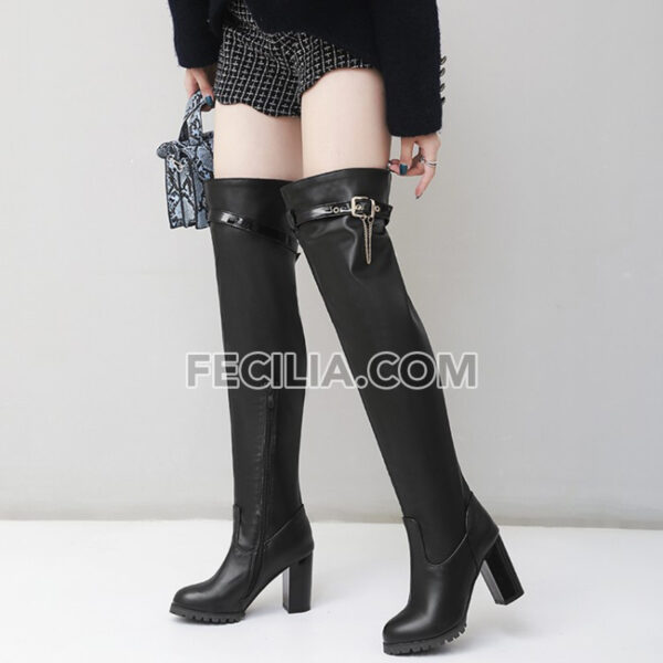 Giày Bốt Nữ cổ cao qua đầu gối gót vuông có khóa kéo Trắng Đen BOOTSNU139