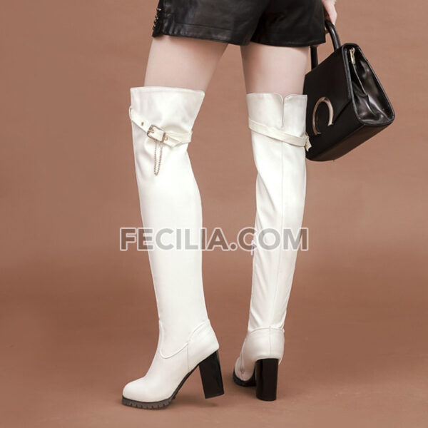 Giày Bốt Nữ cổ cao qua đầu gối gót vuông có khóa kéo Trắng Đen BOOTSNU139