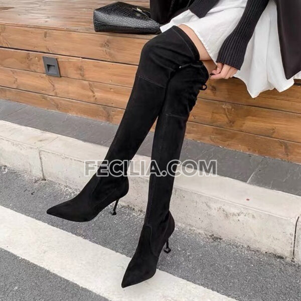Giày bốt Nữ cổ cao qua gối gót nhọn, mũi nhọn da lộn BOOTSNU103