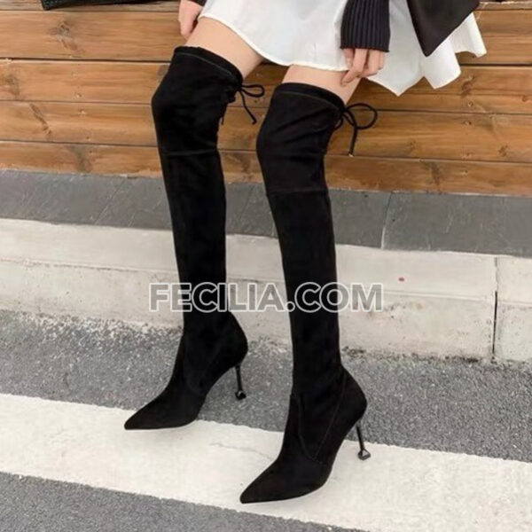 Giày bốt Nữ cổ cao qua gối gót nhọn, mũi nhọn da lộn BOOTSNU103