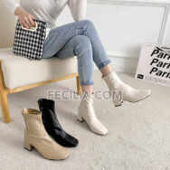 Giày Bốt Nữ cổ lửng Da cao cấp mũi vuông đế cao 6cm BOOTSNU090