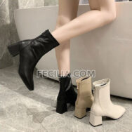 Giày Bốt Nữ cổ lửng Da cao cấp mũi vuông đế cao 6cm BOOTSNU090