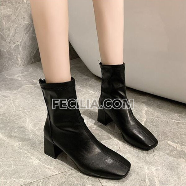 Giày Bốt Nữ cổ lửng Da cao cấp mũi vuông đế cao 6cm BOOTSNU090
