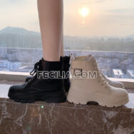 Giày Bốt Nữ cổ lửng Martin buộc dây tăng chiều cao màu Trắng - Đen BOOTSNU072