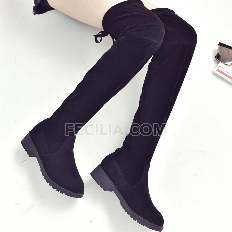 Giày Bốt Nữ Da Lộn Cổ Cao đế bằng màu Đen, Màu Tím P21281_17