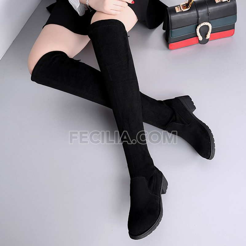 Giày Bốt Nữ Da Lộn Cổ Cao đế bằng màu Đen, Màu Tím P21281_17 - Màu Đen