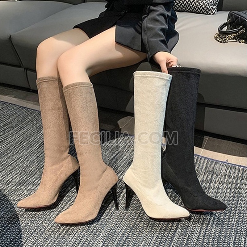 Giày Bốt Nữ da lộn cổ lửng và cổ cao gót nhọn P21207_07